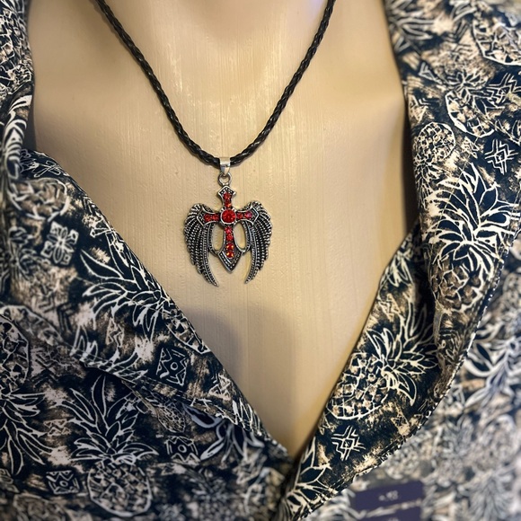 411-ATT New Red or Black Stainless Steel Angel Wing Cross Sword Pendant Necklace - Picture 5 of 9